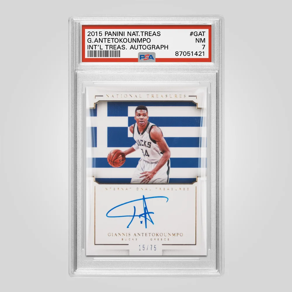 2015 Panini National Treasures Giannis Antetokounmpo International Treasures #GAT, PSA 7 NM