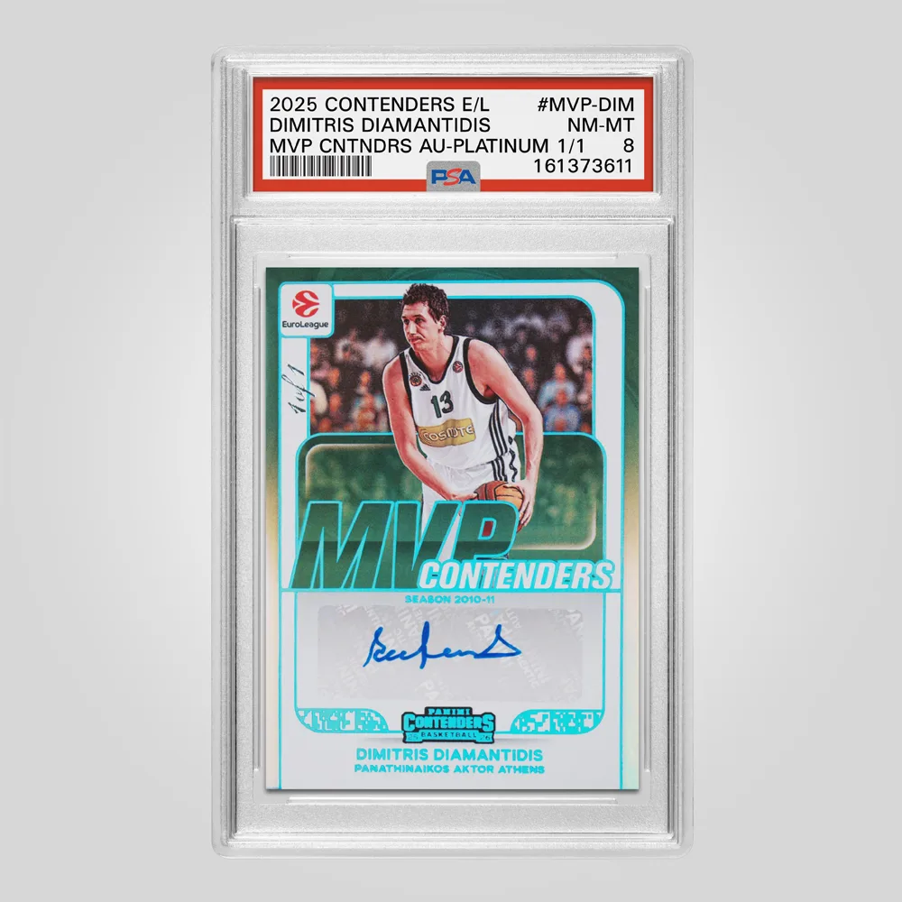2025 Panini Contenders EuroLeague Dimitris Diamantidis MVP Contenders Autographs, Platinum #MVP-DIM, PSA 8 NM-MT