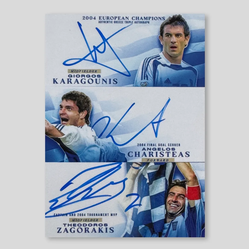 Giorgos Karagounis, Angelos Charisteas, Theodoros Zagorakis 2004 European Champions Triple Autograph, Raw