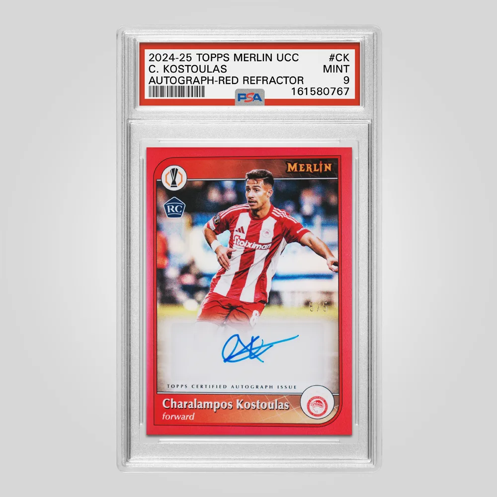2024 Topps Merlin UEFA Club Competitions Charalampos Kostoulas Autographs, Red Refractor #CK, PSA 9 MINT