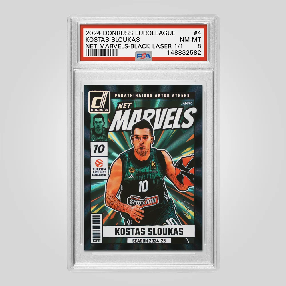 2024 Panini Donruss EuroLeague Kostas Sloukas Net Marvels, Black Laser #4, PSA 8 NM-MT