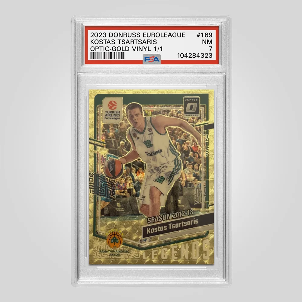 2023 Panini Donruss EuroLeague Kostas Tsartsaris Optic Gold Vinyl #169, PSA 7 NM